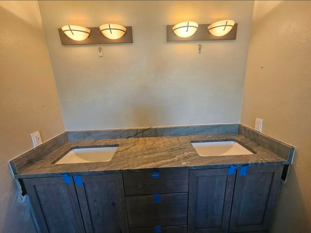 Double-sink gray stone bathroom vanity