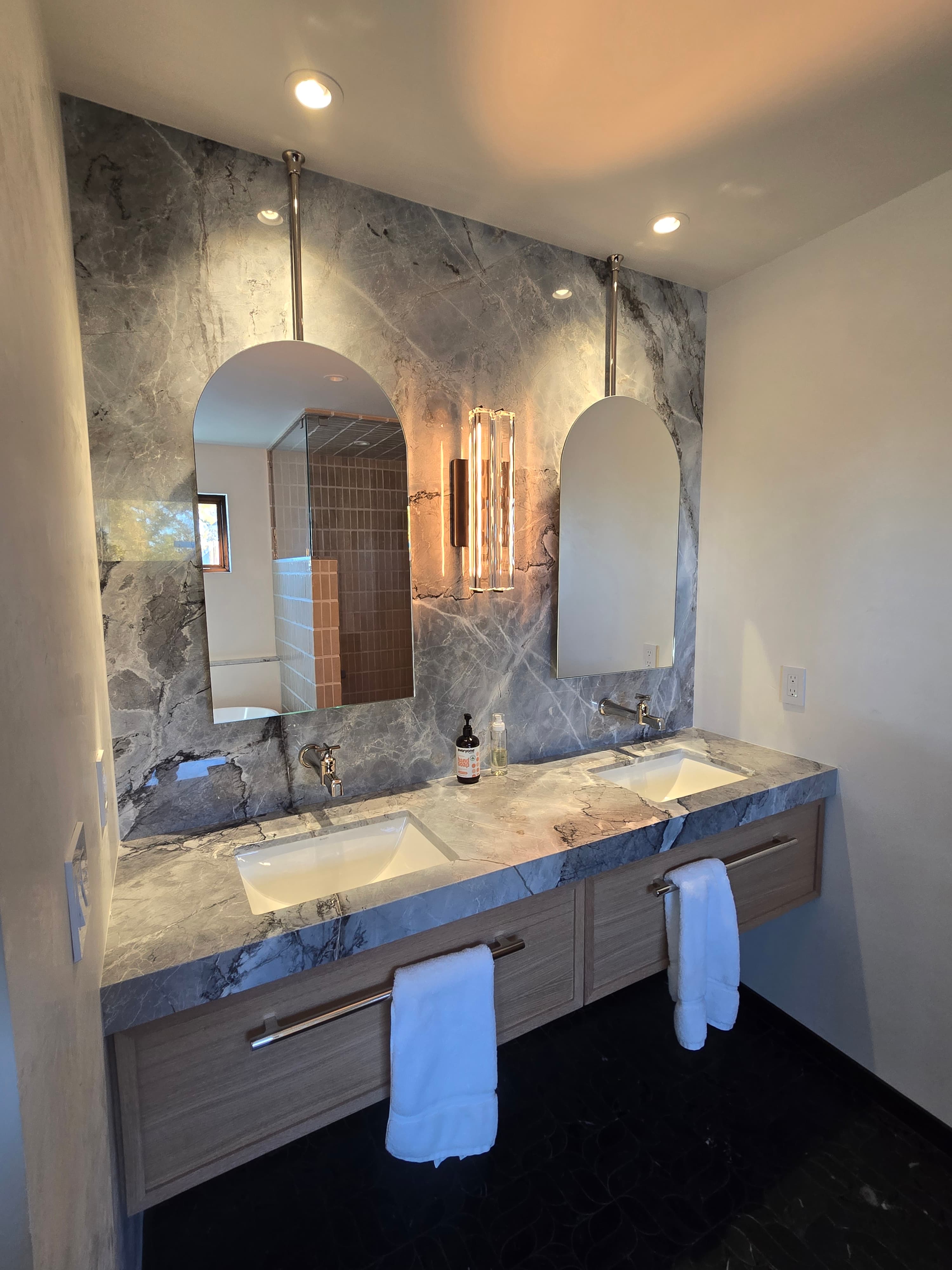 Gray stone double vanity
