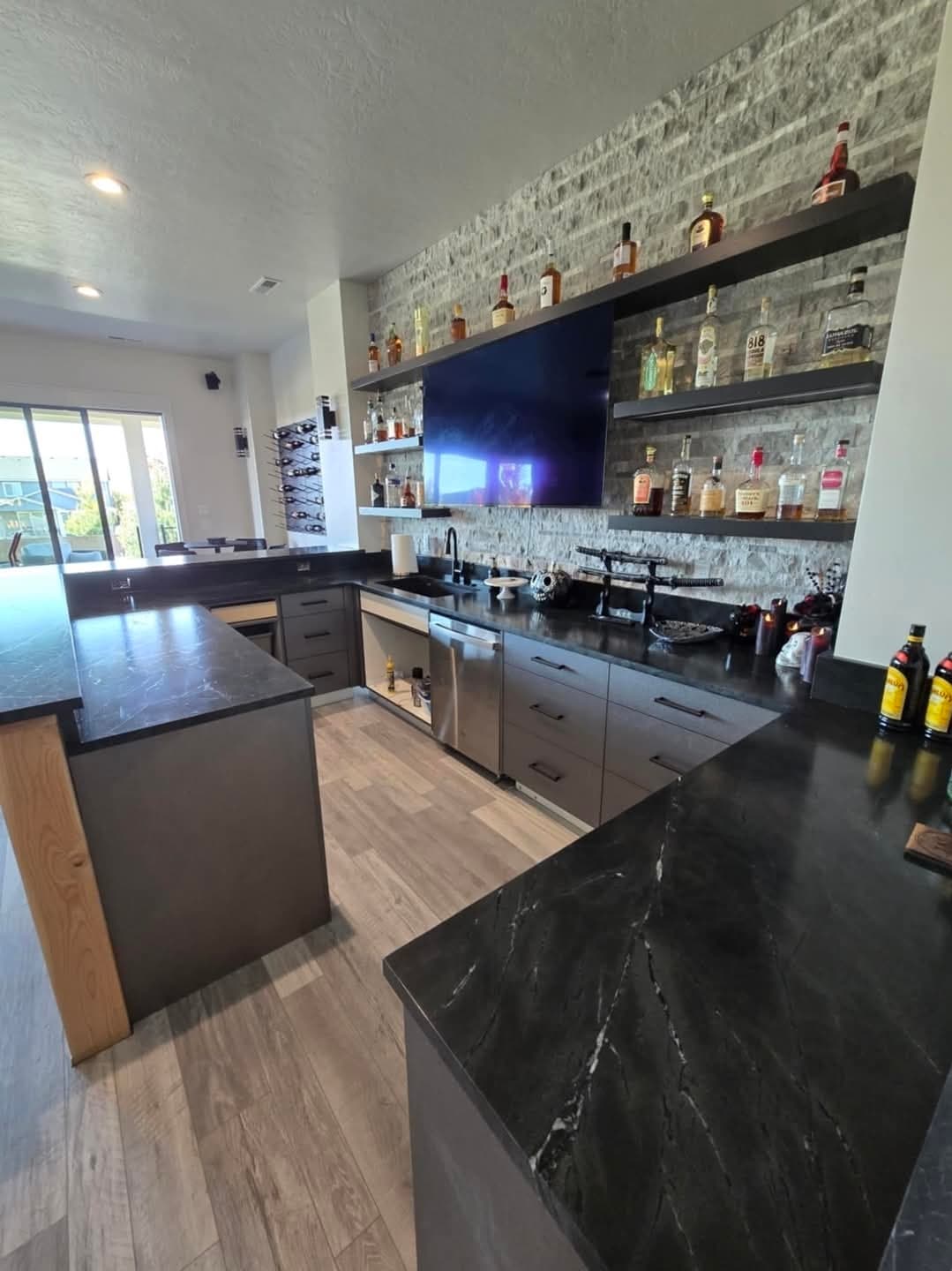 Black soapstone bar countertops