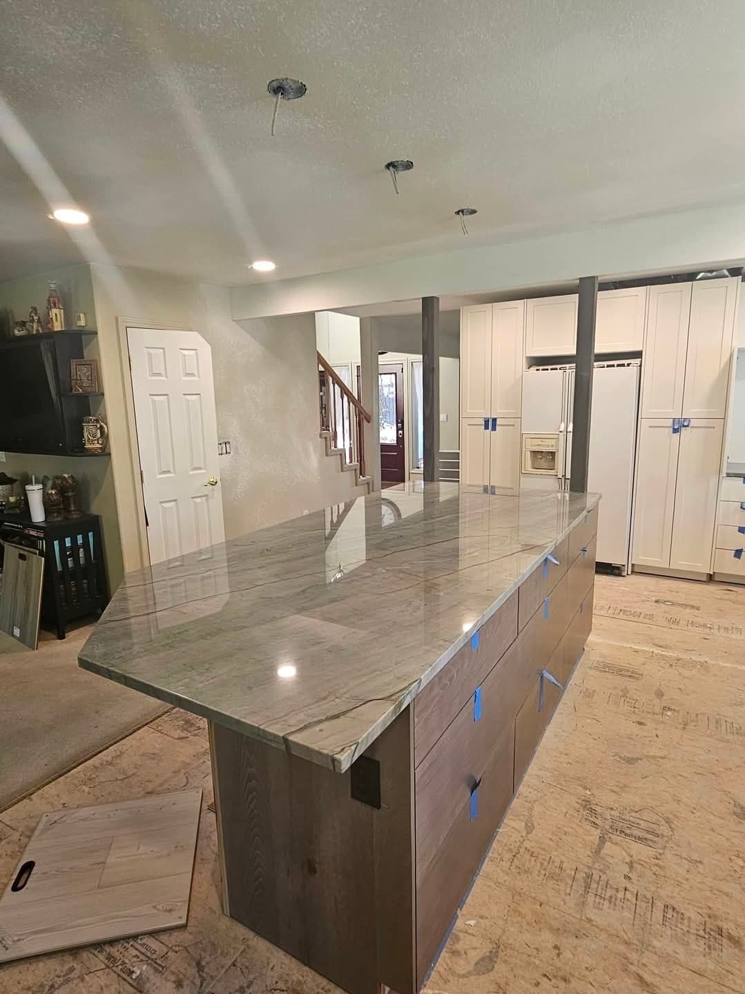 Gray quartzite island installation